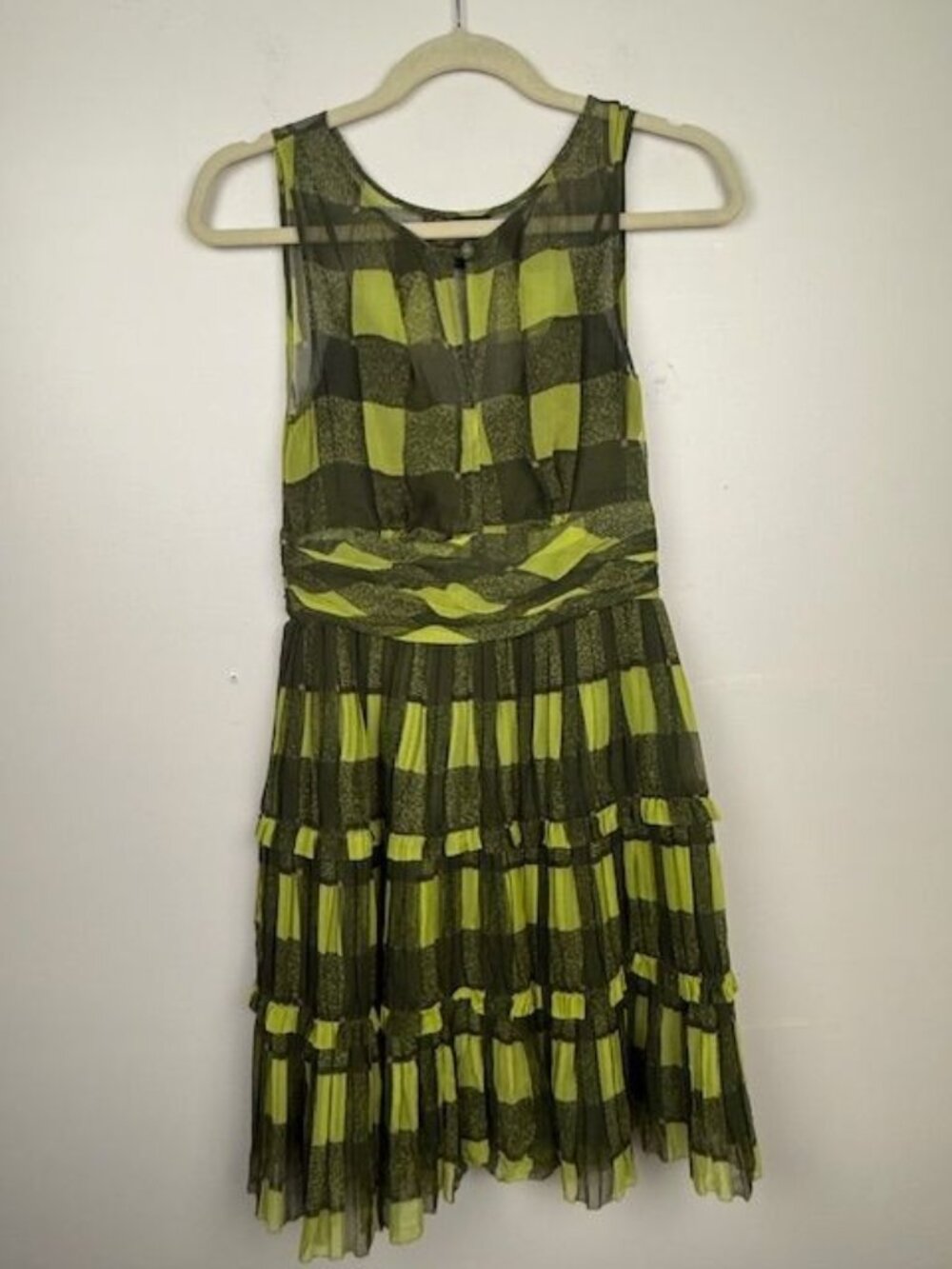 Frock! by Tracy Reese Womens 100% Silk Green Plaid Tiered Sleeveless Dress Sze 6